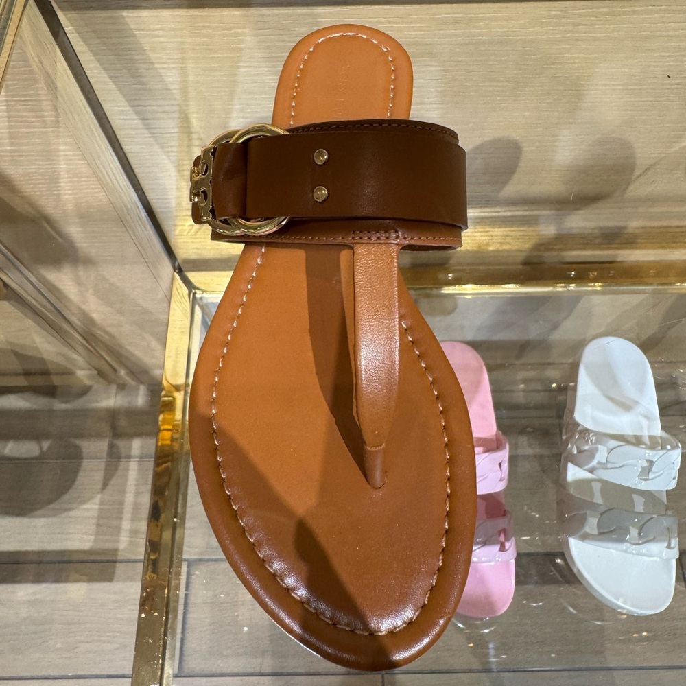 Tory Burch Women Signature Logo Leather Thong Sandals